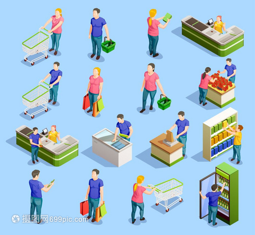 超市等距元素收集等距的人购物集的人的角色与手推车,橱柜,货架结帐站矢量插图